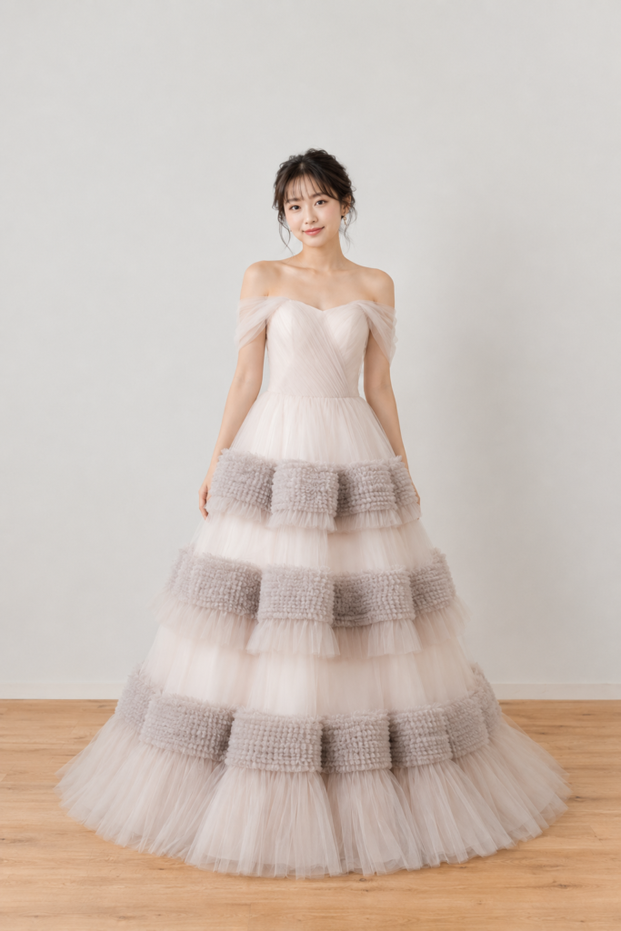 グレージュのチュールドレスを着た花嫁のスタジオフォト